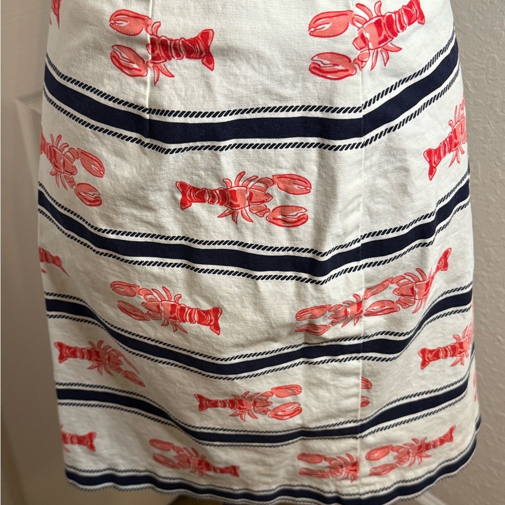 Talbots White Pencil Skirt with Navy Stripes and Coral Lobster Print